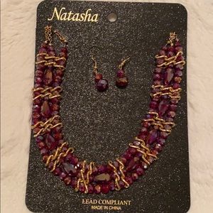 New Natasha Red Dressy Necklace Set w Earrings